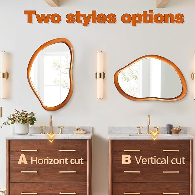 35"x24" Wood Bathroom Mirror Wall Mounted, Red Walnut Irregular Wall Mirror, Rustic Farmhouse Vanity Mirror for Bedroom Living Room Bathroom Entryway, Horizontal/Vertical