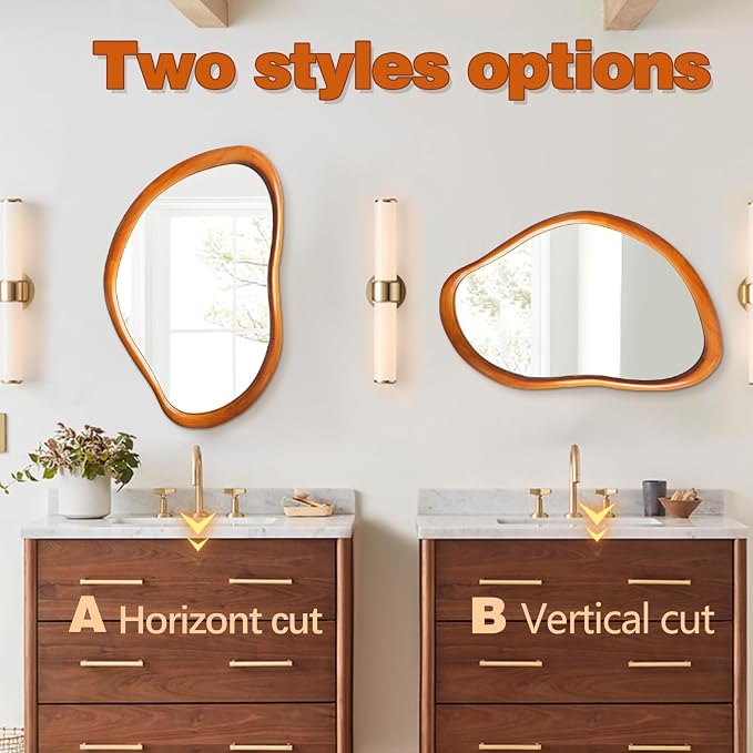 Irregular Wall Mirror with Wood Frame, 35" x 24" Orange Asymmetrical Mirror, Decorative Mirrors for Bedroom Living Room Entryway Hallway Cloakroom, Shatterproof, Horizontal/Vertical
