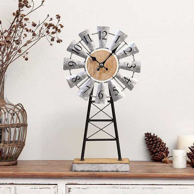 MODE HOME Rustic Windmill Table Clock for Living Room Decor, Vintage Galvanized Metal & Wood Desk Clock with Silent Quartz Movement, Farmhouse Windmill Decor for Living Room, Mantel, Shelf & Office