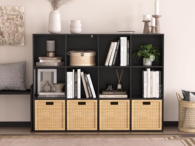 Wooden 12 Cube Storage Organizer with Closed Back Panel,Black Cube Shelf Cubby Storage Organizer with Compartments for Living,Bookshelf, Easy to Install (Black, 12-Cube-11in)