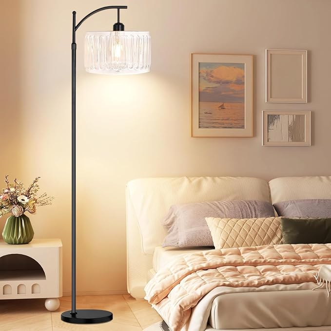 ILLMTW Arc Floor Lamp for Living Room,Bedroom,Glass Standing Lamp with Remote Dimmable,Mid Century Modern White Tall Floor Lamps Boho Black Vintage Floor Light Bohemian