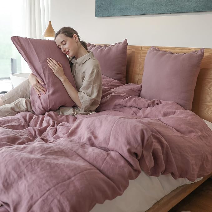 Simple&Opulence 100% Linen Duvet Cover Set 2pcs with Coconut Button Closure Natural French Washed Flax Solid Color Soft Breathable Farmhouse Bedding - Purple, Twin Size