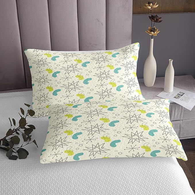 Erosebridal Hippie Minimalism Coverlet King Size Fifties Old Fashion Bedding Set, Abstract Atomic Art Bedspread Set Beige Teal Aesthetic Quilt Set, Modern Mid Century Bed Set with 2 Pillowcase