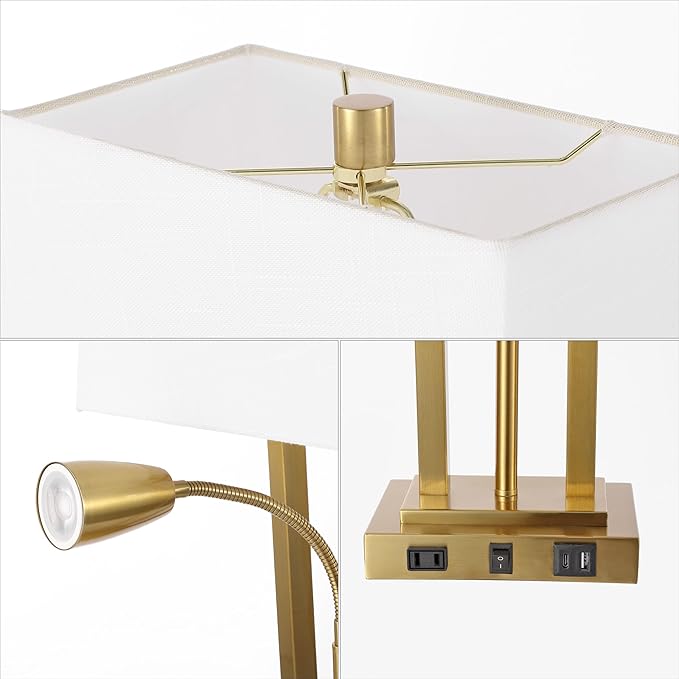 JONATHAN Y 23.75" Brass Gold 2-Light Modern Farmhouse LED Table Lamp with USB, White Linen Shade, AC Outlet, Adjustable Reading Light for Bedside Nightstand and Living Room (JYL1144B)