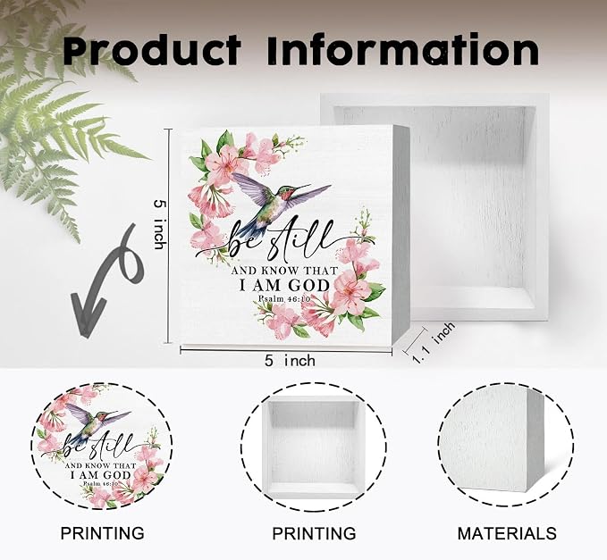 Be Still and Know That I Am God Sign - Inspirational Christian Hummingbird Office Bathroom Home Kitchen Desk Shelf Decor,Christian Scripture Hummingbird Wooden Box Signs,God Decor for Home
