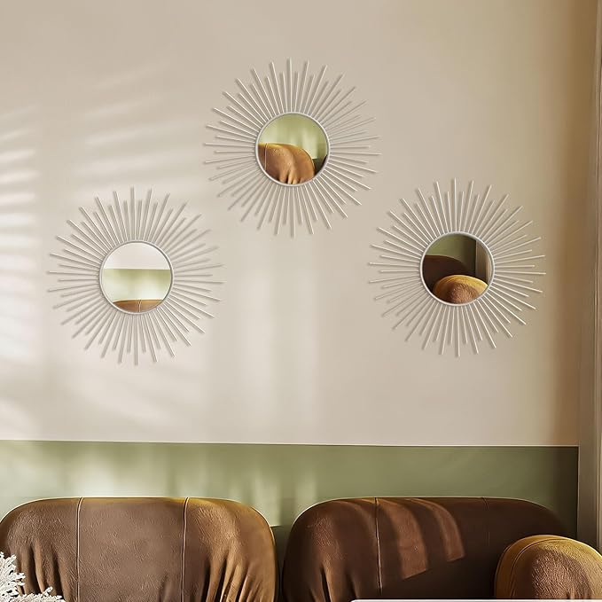 3 Pack Metal Mirrors for Wall Sunburst Wall Mirrors Home Décor Decorative Hanging Wall Art for Living Room Bedroom Entryway (White, Sunburst)