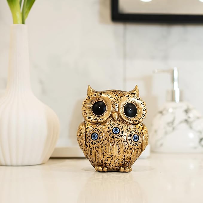 Owl Statue Home Decor Accents with Evil Eye.Gold Decor for Bookshelf, Bedroom, Living Room, Office, Table and Shelf.Vintage Owl Figurines Gifts for Birds Lover.Cute Small Animal Sculptures.