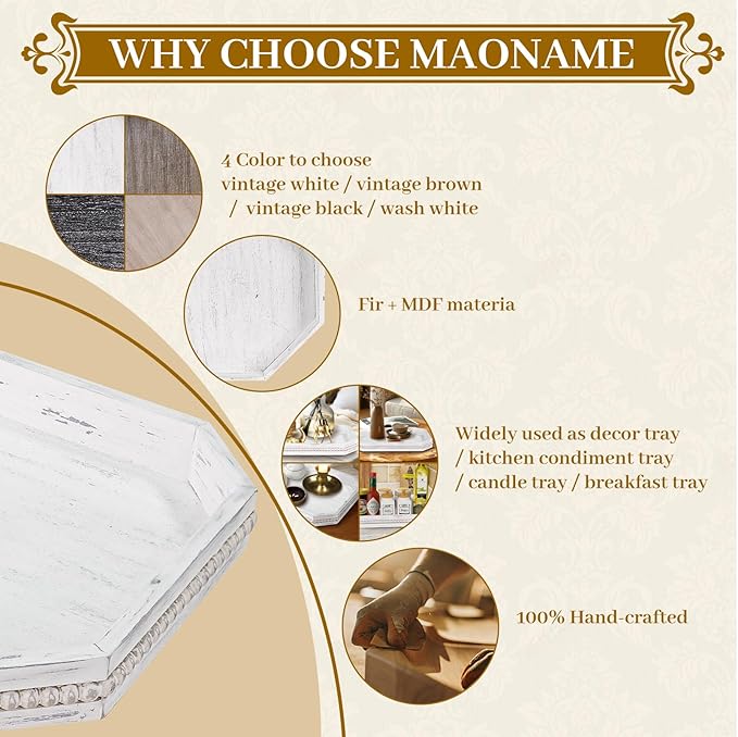 MAONAME Wood Serving Tray, Farmhouse Wooden Tray for Coffee Table, Octagonal Beaded Trays, Vintage White Decorative Trays for Living Room, Kitchen, 15.7" X 10.2" X 1.6"