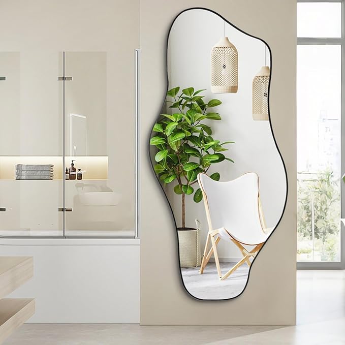 Large Irregular Mirror, 63"x30" Asymmetrical Tempered Glass Mirrors Full Length, Abstract Frameless Wall Mirrors for Living Room Bathroom Bedroom Entryway Hallway, Horizontal Or Vertical