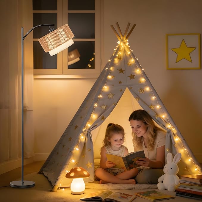 TJOY Floor Lamp for Living Room with 12W LED Bulb, Arc Floor Lamp, 3 Color Temperatures Standing Floor Lamp with Boho Rattan & Fabric Shades for Living Room, Bedroom, Farmhouse, Corner