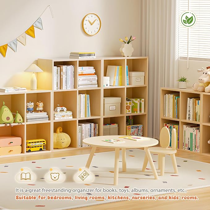 9 Cube Storage Organizer, Cubby Storage Organizer, Cube Shelf with Back Plate, Wooden Kids Bookcase for Toy, Solid Wood Cube Storage for Living Room/Bedroom/Hallway/School, Easy to Install