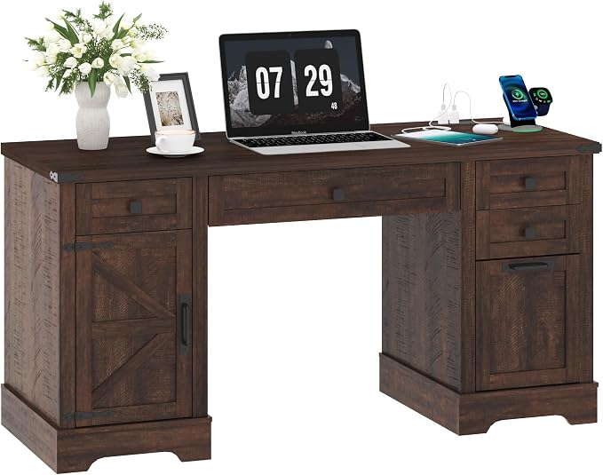 Squireewo 58'' Farmhouse Home Office Desk with Drawers, Wooden Executive Desk with Charging Station, File Drawers and Storage Cabinet, Computer Desk for Work, Study and Writing, Brown