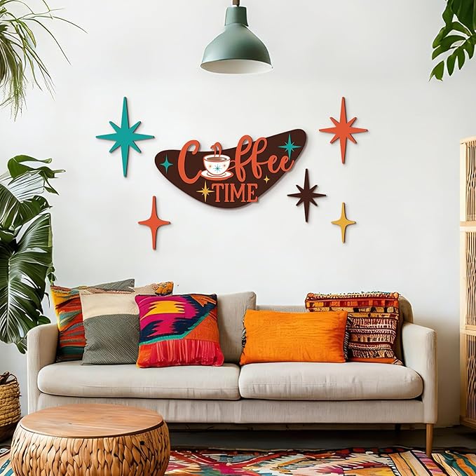 Amyhill 6 Pcs Mid Century Modern Decor Coffee Time Mcm Decor Retro Atomic Star Wall Art Sculpture, Wooden Colorful Star Wall Art Elegance Accents for Home Bar Office Room Hanging Decorations