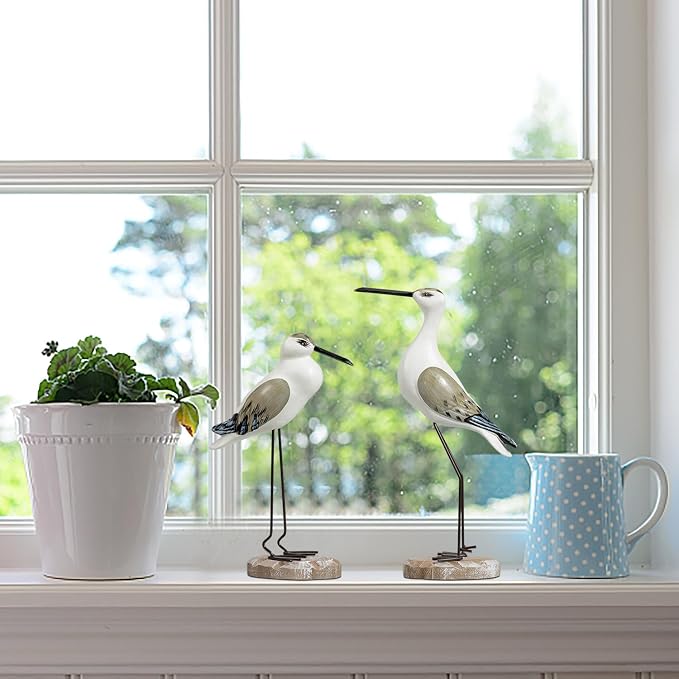 2Pcs Wooden Seagull Figurines, Mediterranean Style Bird States Ornaments for Beach,Garden, Backyard,Balcony, Living Room Decoration