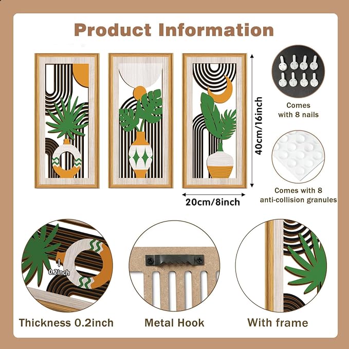 Celestdeco 3 Pcs Boho Botanical Wall Decor,Botanical Modern Wood Wall Art Bohemian Plants Hanging Decor Abstract Leaves Minimalist Wooden Art for Living Room Bedroom Office 7.9 x15.8 Inch