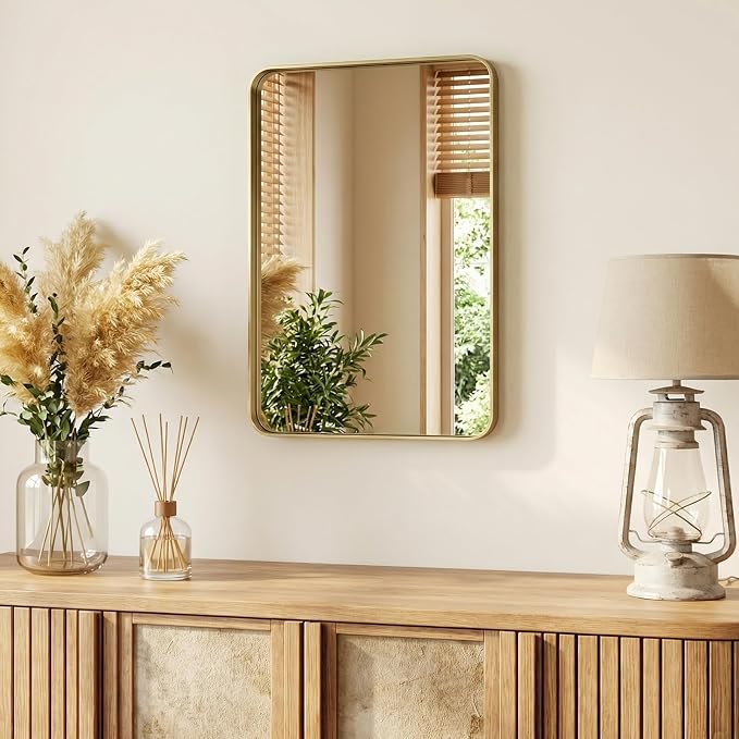 NEWBULIG 20X28 Inch Bathroom Mirror for Over Sink, Wall Vanity Mirrors Tempered Glass, Anti-Rust Metal Framed Rounded Rectangle, Hangs Horizontally or Vertically, Farmhouse Home Decor, Gold