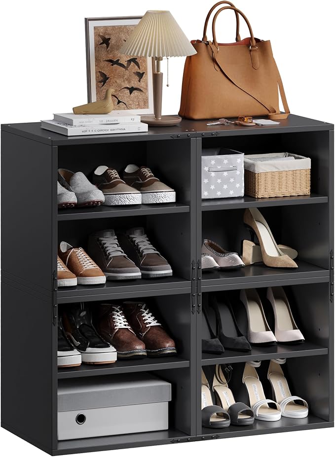 Homkdom 4 Cube Storage Organizer with 2 Removable Open Shelves, DIY Bookcase with Anti-Tip Design, Stackable Cube Shelf for Bedroom, Office, Dorm, Black