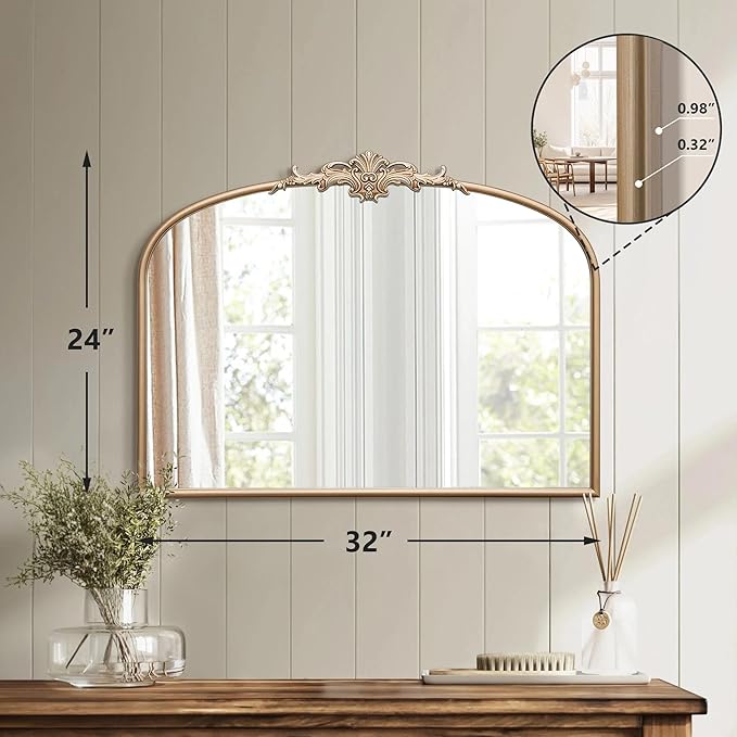 Besdomus Arched Vintage Gold Mirror: 32"x24" Large Champagne Gold Antique Wall Mounted Mirror - Baroque Traditional Ornate for Fireplace/Bathroom/Living Room - Wall Decor for Fashion-Conscious