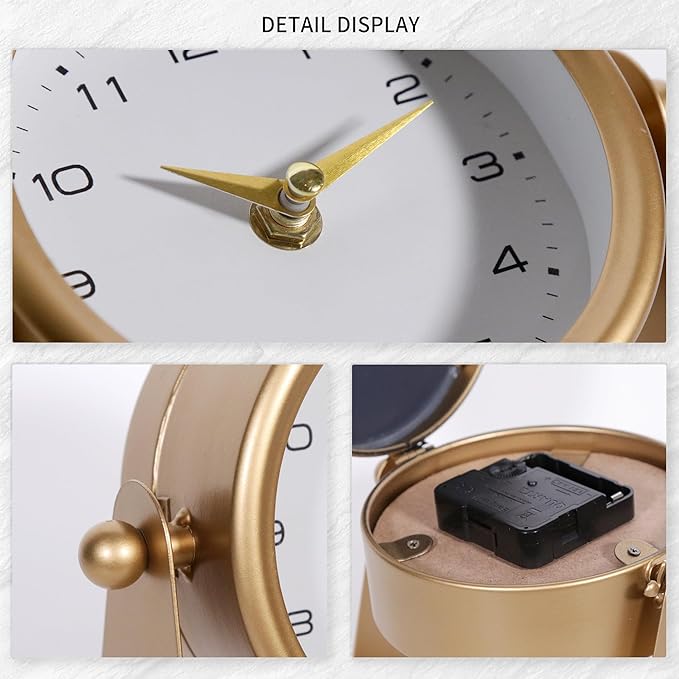 Vintage Mirror Table Clock on Stand, Decorative Desk and Small Clocks Shelf Clock Decorative Battery Operated Table Top Decor for Living Room,Silent Non-Ticking (Gold)