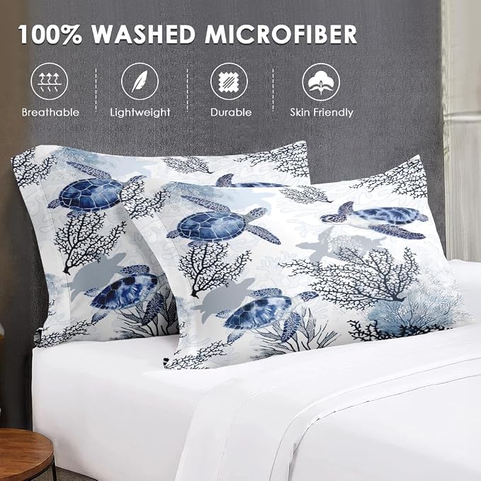 WeCozy 5 Pcs Twin Size Comforter Set with Pillowcase & Sham, Ocean Sea Coral Bedding for Kids and Adults, Blue Animal Turtle Bed in a Bag with Flat Fitted Sheet
