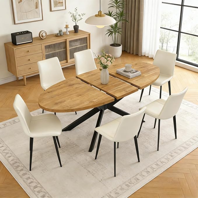 63"-78.7" Extendable Round Dining Table Set for 6, 7 Piece Mid Century Modern Oval Kitchen Table Set, Large Dining Table with 6 Dining Chairs for Living Room Space Saving(Walnut Table+6 Beige Chairs)