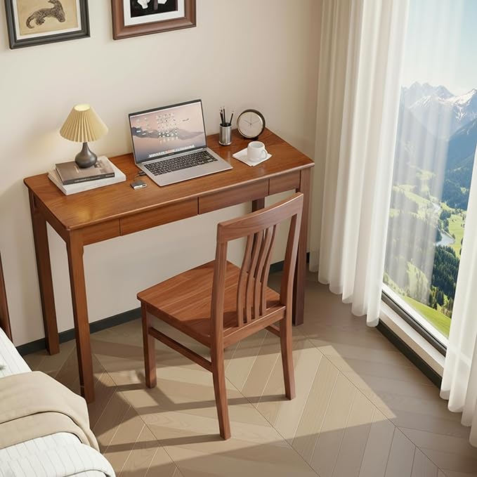 100% Solid Wood Desk with Drawers 39 x 16 Inch Narrow Mid Century Modern Desk, Small Vintage Writing Wooden Desks for Small Spaces Bedroom, Living Room, Office