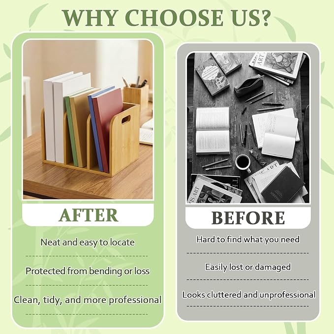 Novabright Bamboo File Magazine Holder Desk Organizer, 3 Vertical Compartments Workspace Sorters for Magazines, Binders, Notebooks, Envelopes(with Handle)