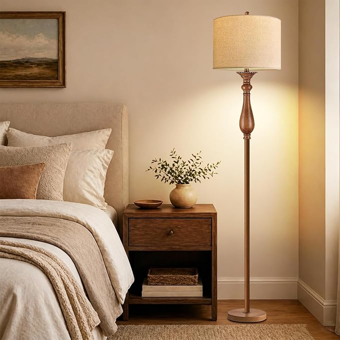 Wood Floor Lamps for Living Room Boho Farmhouse Floor Lamp with Remote Control & 3 Color Temperature,Dimmable Vintage Floor Lamp Mid Century Modern Standing Lamp Pole Tall Floor Lamp Bedroom Corner