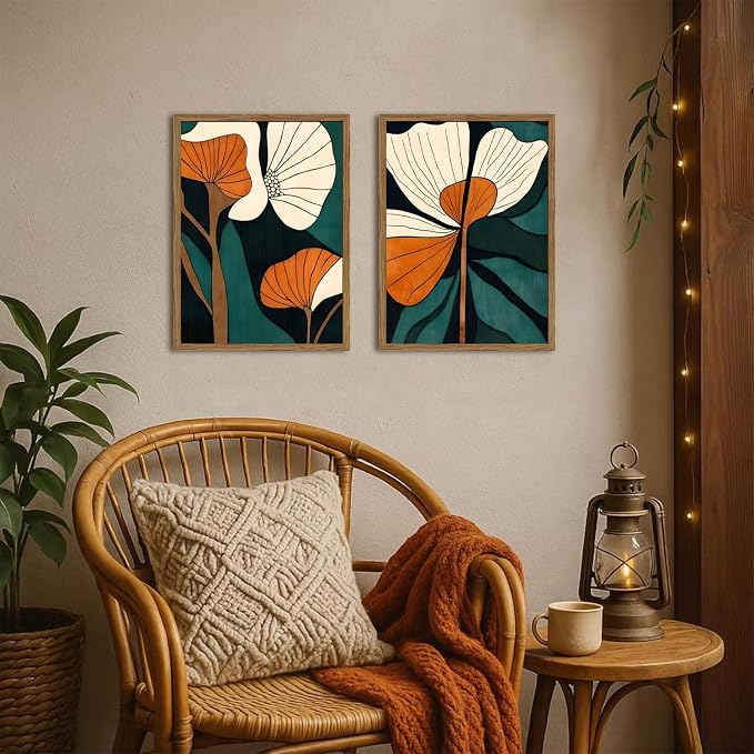 Mid Century Modern Flower Wall Art Vintage Abstract Botanical Wall Decor Painting Set of 2 Boho Dark Floral Poster Canvas Print Pictures for Living Room Bedroom 16x24 inch Wood Framed