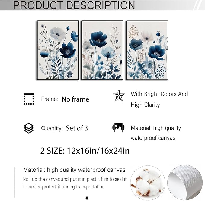 BingruiArt Navy Blue Wall Art Canvas Abstract Floral Painting Blue and Gray Posters Watercolor Flower Decor Wildflower Pictures Botanical Prints for Living Room Bedroom Bathroom 3 Pcs 16x24in Unframed