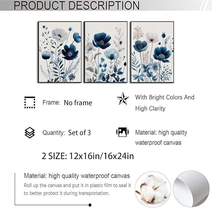 BingruiArt Navy Blue Wall Art Canvas Abstract Floral Painting Blue and Gray Posters Watercolor Flower Decor Wildflower Pictures Botanical Prints for Living Room Bedroom Bathroom 3 Pcs 12x16in Unframed