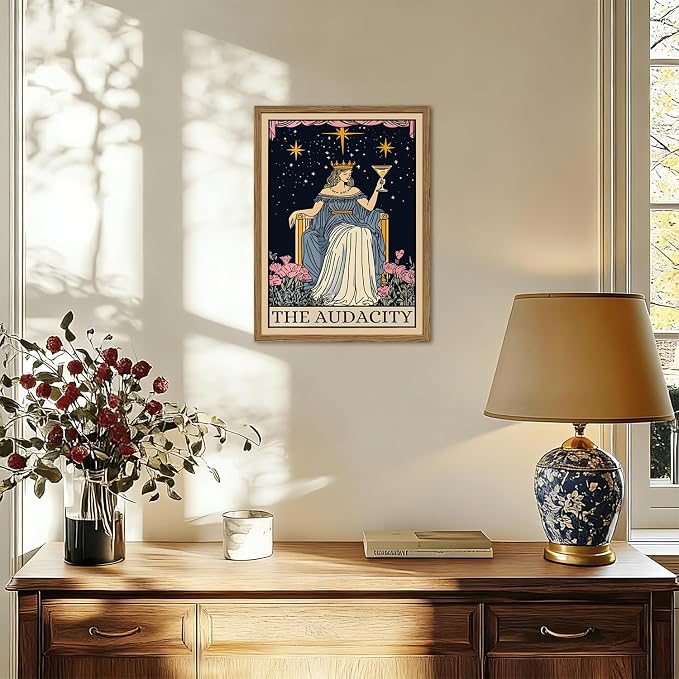 Vintage Girl Tarot Card Wall Art Funny Audacity Feminist Wall Decor Picture Dark Academia Queen Poster Canvas Painting Print for Bedroom Living Room Dorm 12x16 inch Wood Framed
