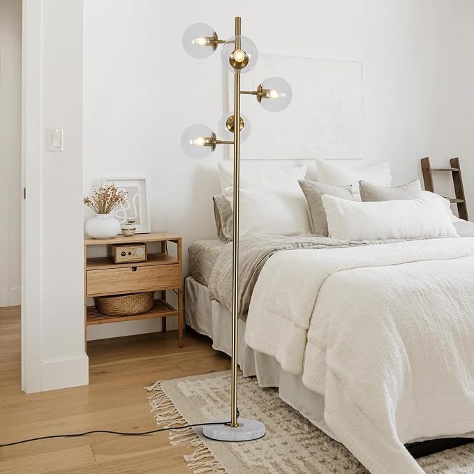 KCO Lighting Clear Bubble Glass Floor Lamp Nordic Globe Floor Lamp Brass Floor Light Vintage Gold Floor Lamps Modern Tall Standing Lamp for Living Room Bedroom Office
