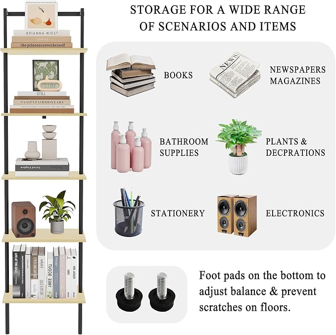 5-Tier Ladder Shelf, Wall Mounted Ladder Bookshelf with Metal Frame, Wood Tall Open Storage Rack and Display Shelves for Home Office Bedroom Living Room, Light Oak