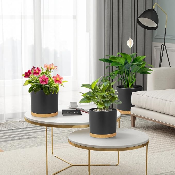 Meowell 8/7/6 inch Flower Pots, 3 Pack Cylinder Plant Pots for Outdoor Indoor Plants, Decorative Plastic Planters with Drainage Holes and Saucers for Garden House Plants, Black with Brown