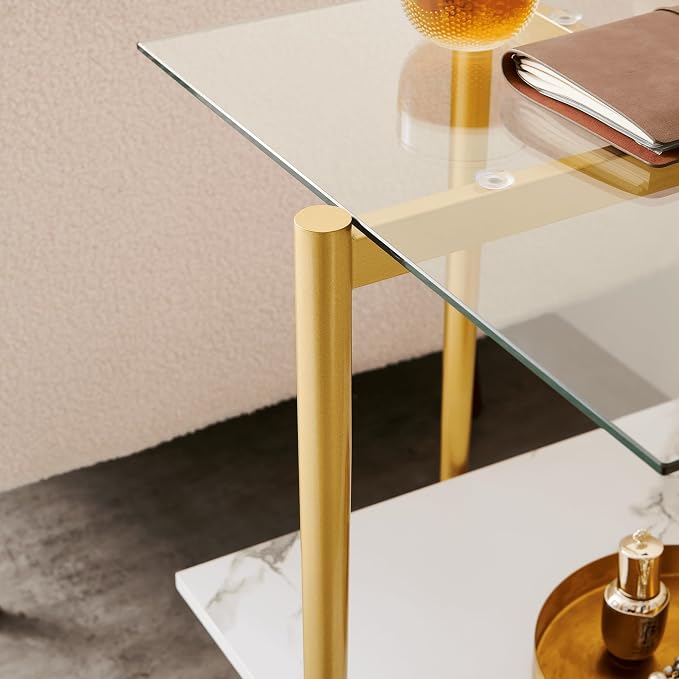 LumFurn Square Glass End Table, Mid-Century Modern Design Sofa Table, for Living Room, L18 x W18 x H23, Clear Glass Top and White Marble MDF Shelf, Sleek Conical Metal Legs with Gold Finish