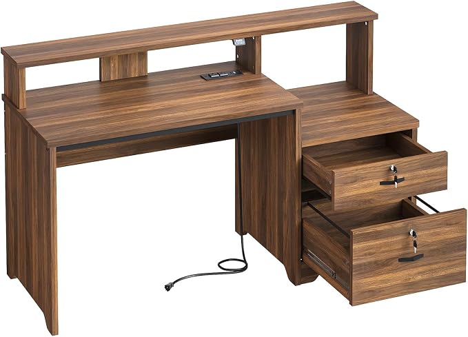 Bestier 55 Inch Wood Computer Desk with Lockable File Drawer, Charging Station & LED Lights - Home Office Desk with Storage Shelves, Printer Shelf & Monitor Stand, Wooden Desk for Study & Work, Walnut