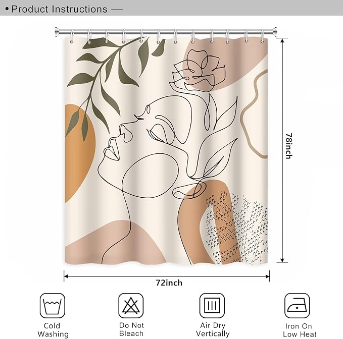 Abstract Woman Face Bathroom Shower Curtain - Mid Century Boho Modern Geometric Shower Curtain with Hooks - Polyester Waterproof Fabric - Minimalist Art Line Aesthetic - 72x78 Inch