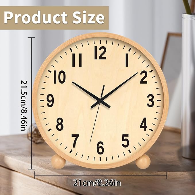 Maxspace Wooden Table Clock,8in Silent Non-Ticking Desk Clock,Battery Operated Desktop Analog Clock for Living Room Bedroom Kitchen Office Classroom Decor (Log)