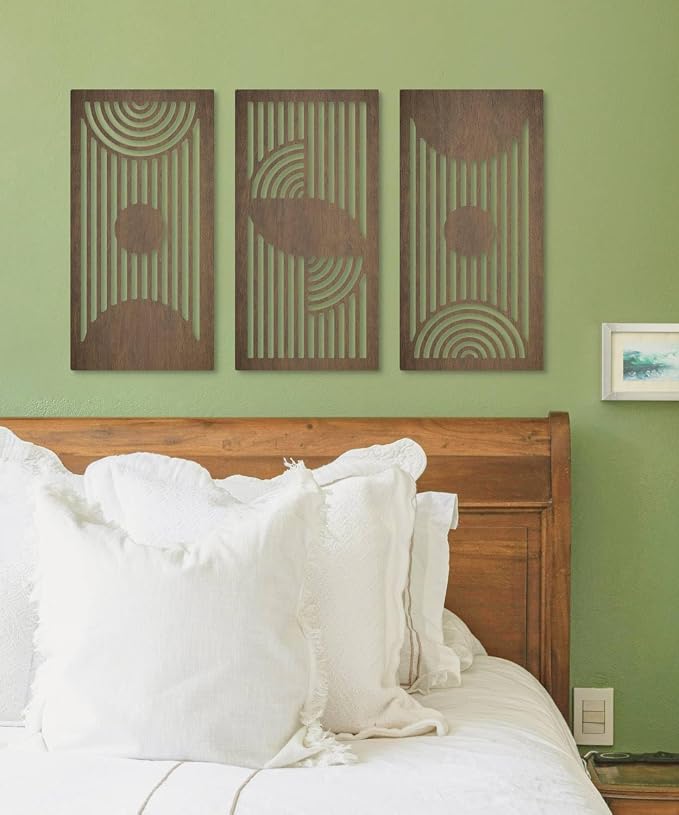 Putuo Decor Geometric Wood Wall Art Set of 3 Modern Mid-Century Modern Aesthetic Wall Decor Modern Wooden Wall Sculptures for Living Room Office Hallway Brown Line Art Decor