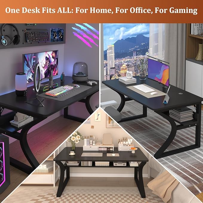 55 X 23.6'' Computer Desk, Home Office Desks w/Shelf Storage, Computer Desk w/Metal Frame, Cable Management, Study Student Desk Writing Work Table Deeper & Thicker Desktop for Home Bedroom