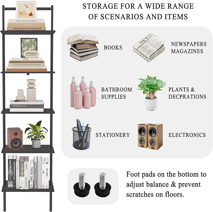 5-Tier Ladder Shelf, Wall Mounted Ladder Bookshelf with Metal Frame, Wood Tall Open Storage Rack and Display Shelves for Home Office Bedroom Living Room, Black