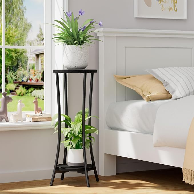 IBUYKE 30 Inch Tall Plant Stand Indoor, 2 Tier Wood Corner Plant Stand, Modern Round Plant Shelf Flower Stand for Living Room Patio Balcony Garden, Black TMJ074B