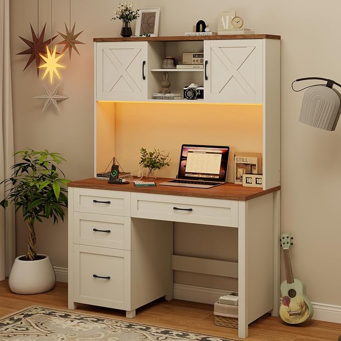 Farmhouse 67" H Executive Desk with Hutch,Office Table with 4 Drawers and LED light, Computer Desk with Storage Cabinet & File Drawers and Charging Station, Wood Workstation for Home Office and Study