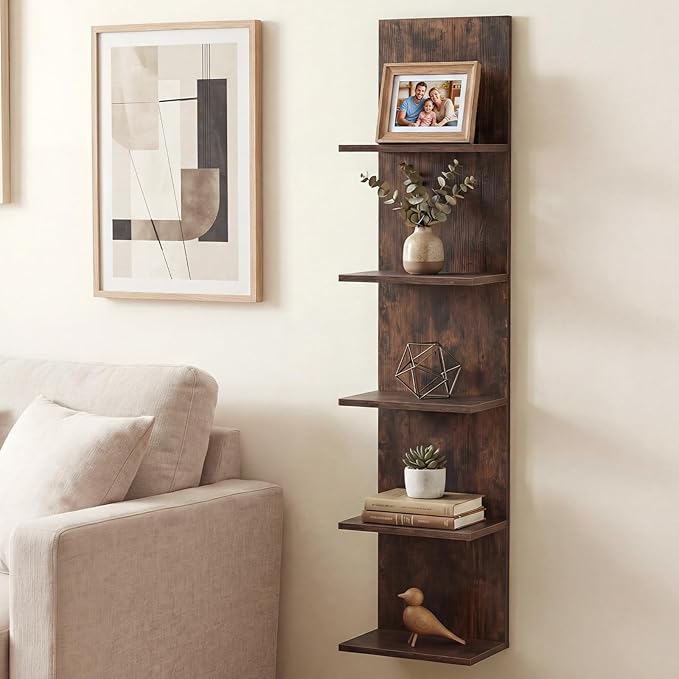 GOFLAME 5-Tier Wall Shelf, Wooden Display Floating Shelves, Wall Mounted Bookshelf Shelving Unit, Modern Storage Organizer Vanity Shelves for Living Room, Bedroom, Home Office (2,Rustic Brown)