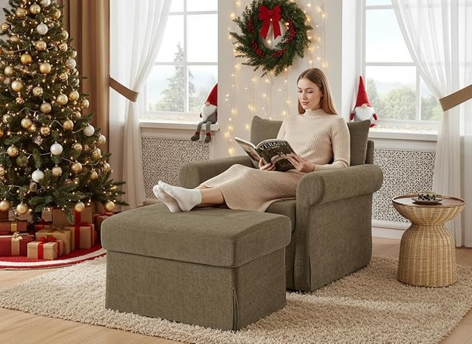 35.8" Chenille Accent Chair with Ottoman Set, Comfy Upholstered Armchair with Rolled Arms, Modern Single Reading Chair for Living Room, Bedroom, Apartment, Brown