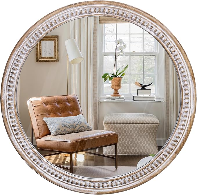 HOITUZYUS 30 Inch Farmhouse Round Wall Mirrors with Rustic Wooden Frame – Large Boho Decorative Circle Mirror for Bathroom, Living Room, Entryway & Foyer