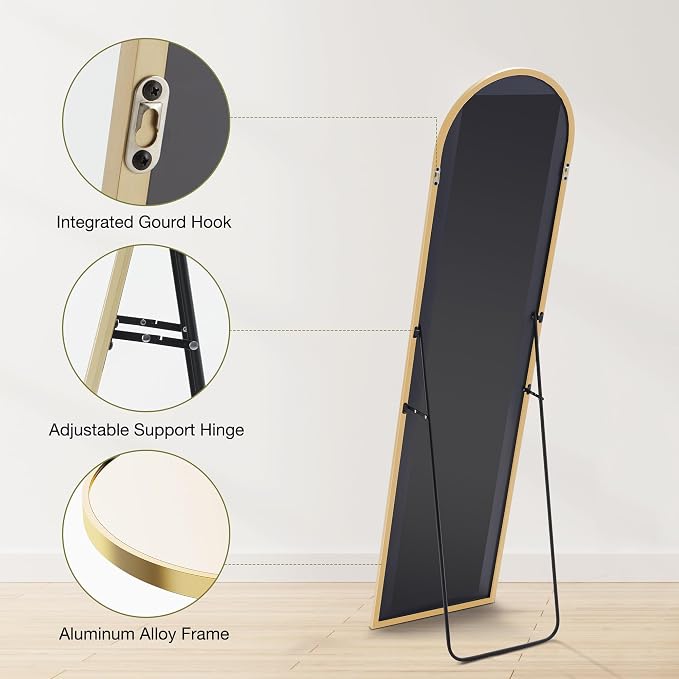 OLIXIS Gold Arched Full Length Mirror 60"x16" for Bedroom, Full Body Mirror with Stand, Hanging or Leaning for Wall, Aluminum Alloy Thin Frame Floor Standing for Living Room