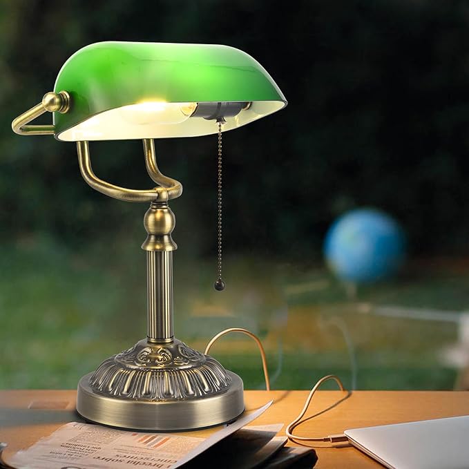 Bankers Desk Lamp with USB-A Charging Port, Vintage Desk Lamps with Pull Chain Green Glass, Antique Brass Banker's Lamp for Home Office Library