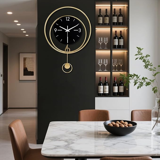 Decorative Wall Clock, Silent Non-Ticking Quality Quartz Battery Operated with Pendulum, Large Wall Clock for Living Room Kitchen Home Bathroom Bedroom Wall Decor, 13x17Inch(Black)